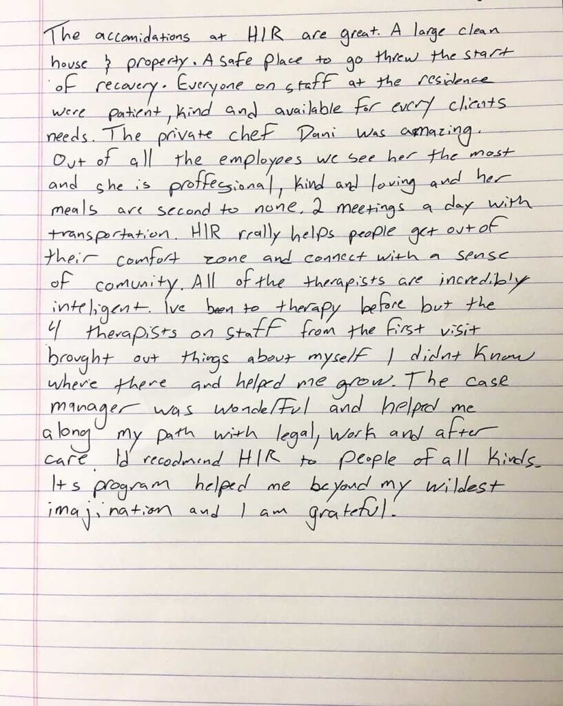 Handwritten testimonial of one of the HIR's client