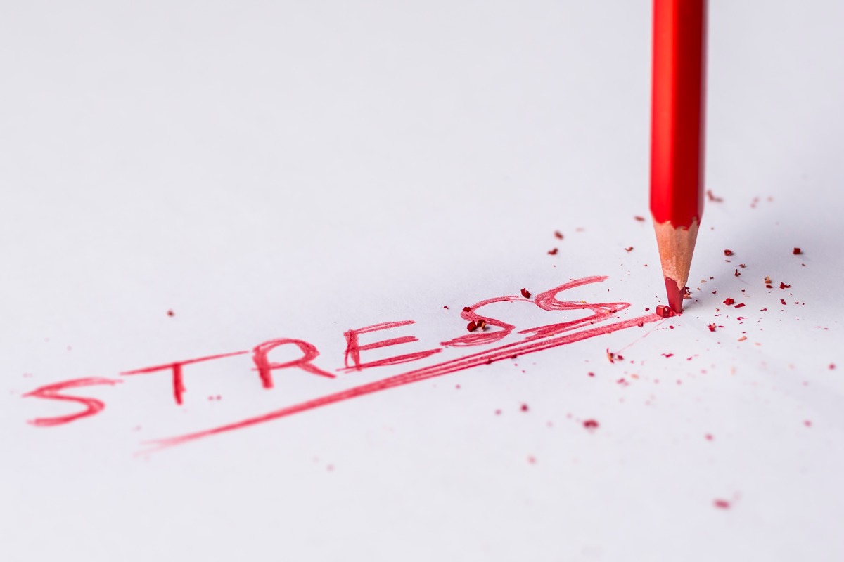The word "STRESS" is crossed out by a broken pencil, symbolizing burnout and the need for new coping skills.