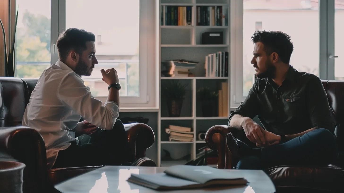 A man talks to his therapist about his rehab process